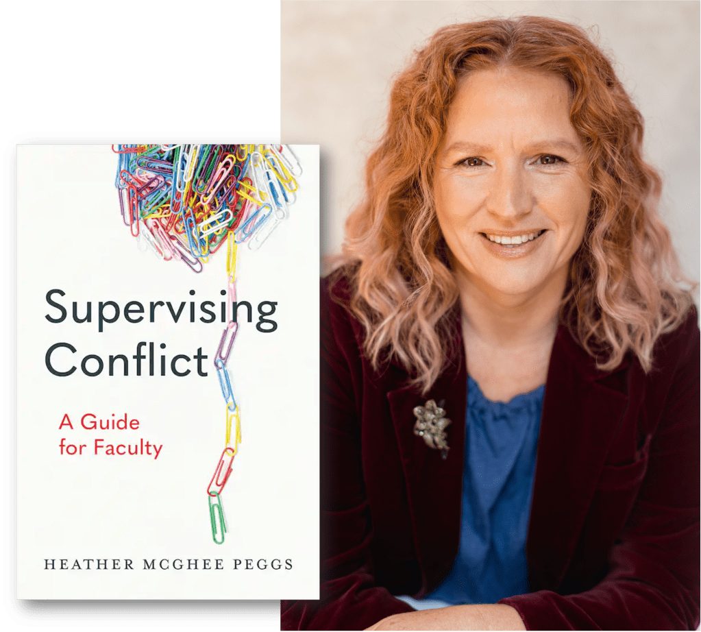 Heather McGhee Peggs, BA, LLB, author of “Supervising Conflict: A Guide for Faculty,” holding the book and smiling. The book cover features the University of Toronto Press logo.