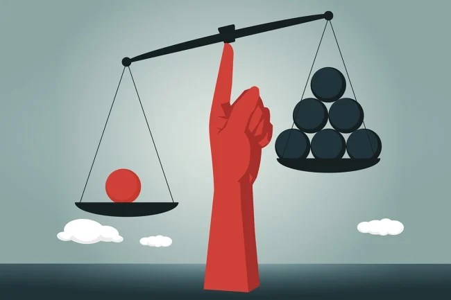 Illustration of a hand balancing scales, symbolizing fairness in academia. 